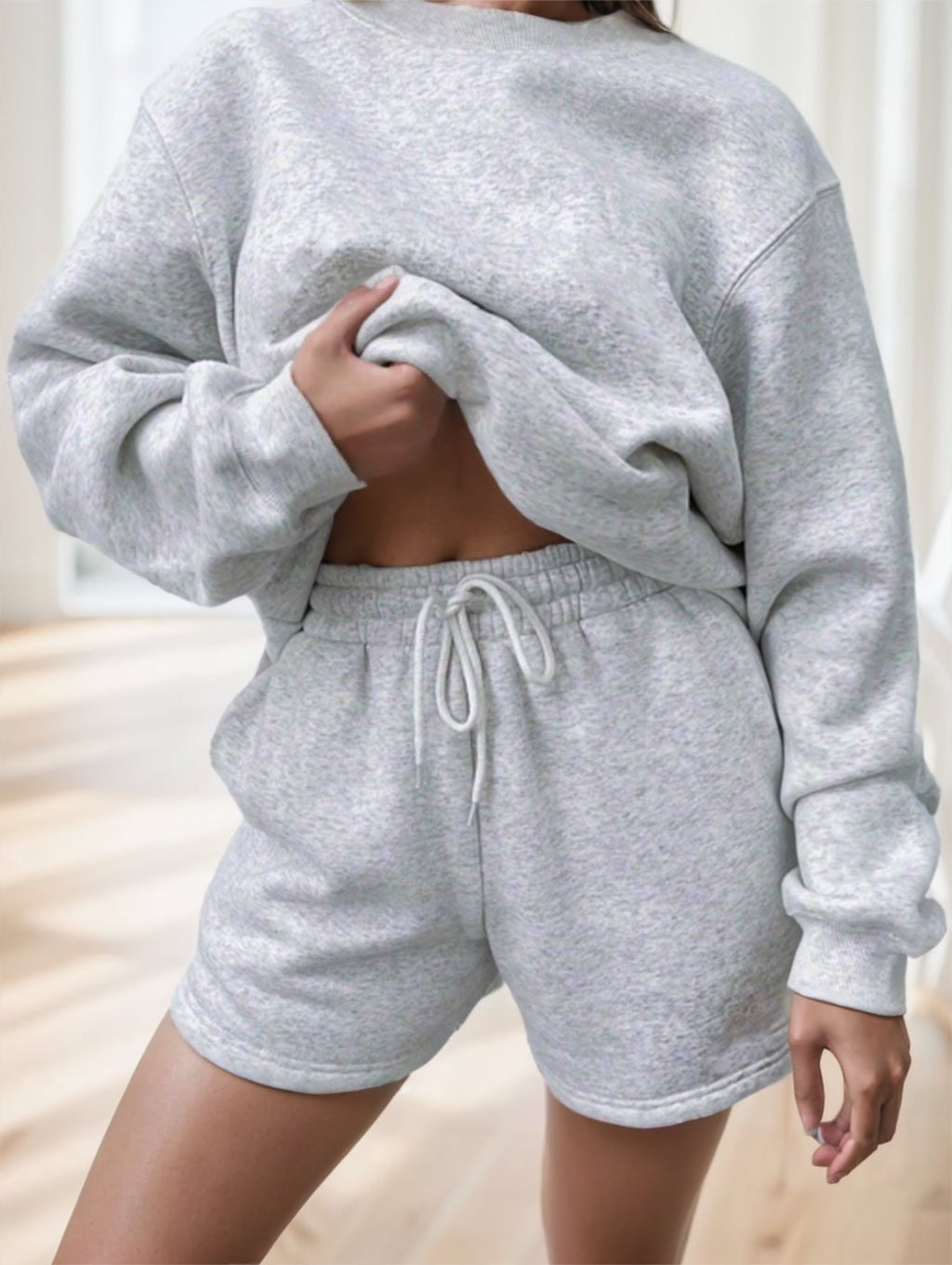 Ladies' Plain and Simple Daily Wear Long Sleeve Shorts 2Pcs Set