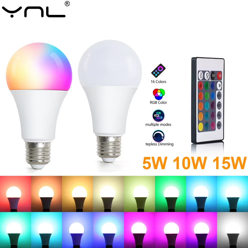LED GB Smart Lamps Bulb AC 220V E27 5W 10W 15W IR Remote Control Dimmable 24 Key 16 Colorful LED RGB Neon Bulb DJ Party Light
