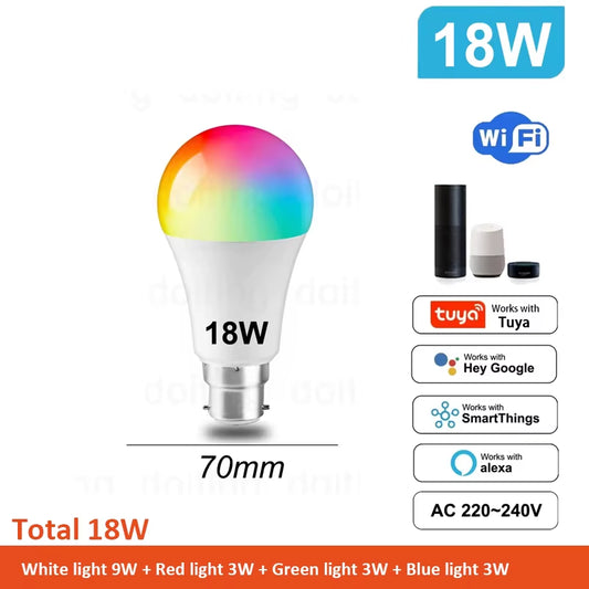 B22 Smart Life Light Bulb Tuya Wifi Bulb RGB 12W 18W Color Changing LED 220V APP Compatible with Alexa Google Home Voice Control